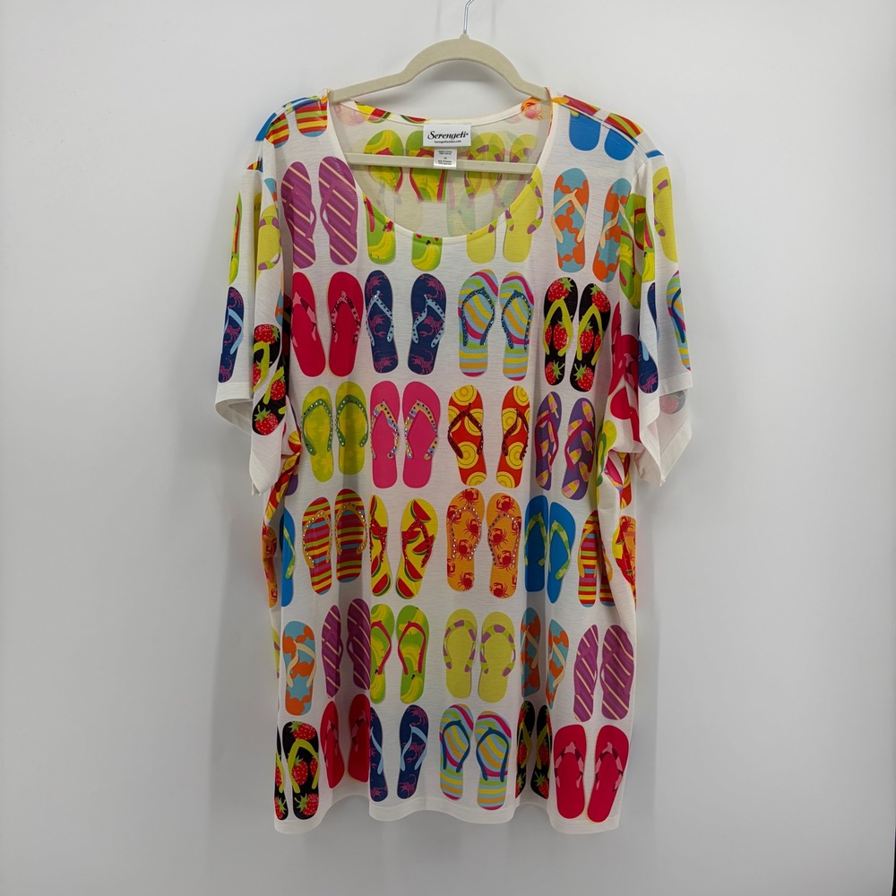 Serengeti Womens 2X Multicolor Flip Flop Print Short Sleeve Scoop Neck Top